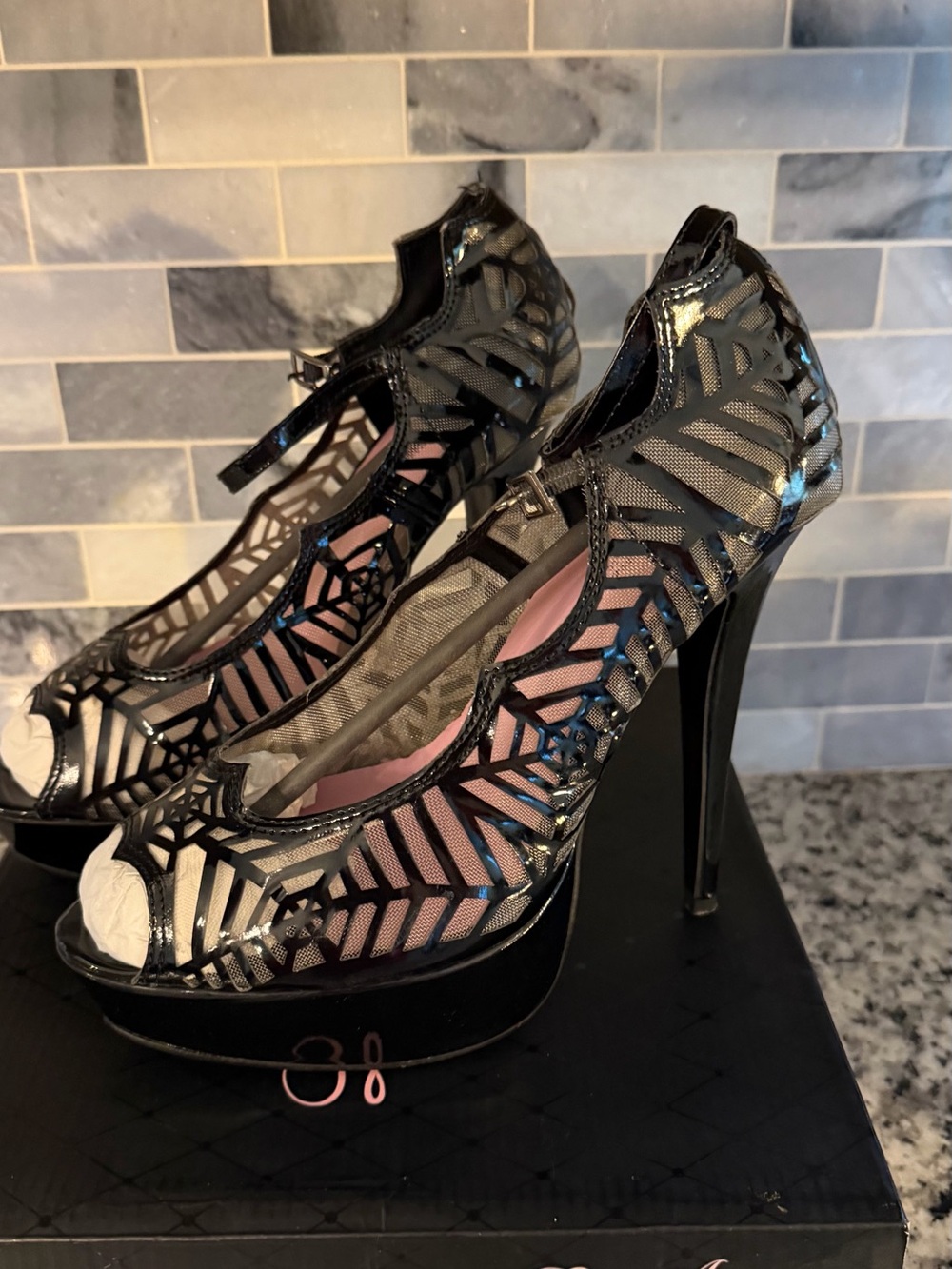 Black Spider Web Patent Peep-Toe High Heels
